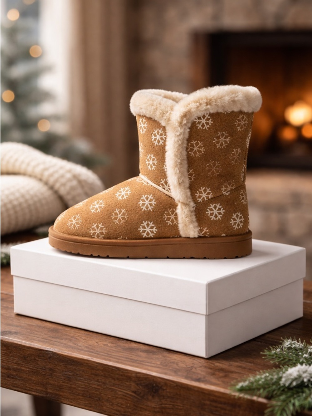 NIB Olivia Miller Youth Girls Faux Fur Brown Boots with Gold Snowflakes - Size 3